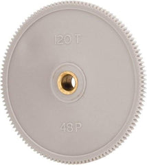 Made in USA - 48 Pitch, 2-1/2" Pitch Diam, 2.542" OD, 120 Tooth Spur Gear - 1/8" Face Width, 1/4" Bore Diam, 39/64" Hub Diam, 20° Pressure Angle, Acetal - Americas Industrial Supply