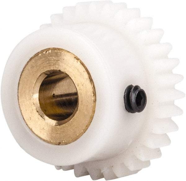 Made in USA - 48 Pitch, 0.667" Pitch Diam, 0.708" OD, 32 Tooth Spur Gear - 1/8" Face Width, 3/16" Bore Diam, 35/64" Hub Diam, 20° Pressure Angle, Acetal - Americas Industrial Supply