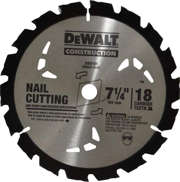 DeWALT - 7-1/4" Diam, 5/8" Arbor Hole Diam, 18 Tooth Wet & Dry Cut Saw Blade - Carbide-Tipped, General Purpose Action, Diamond Arbor - Americas Industrial Supply