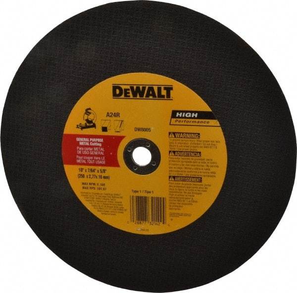 DeWALT - 10" 24 Grit Aluminum Oxide Cutoff Wheel - 7/64" Thick, 5/8" Arbor, 6,100 Max RPM, Use with Stationary Tools - Americas Industrial Supply