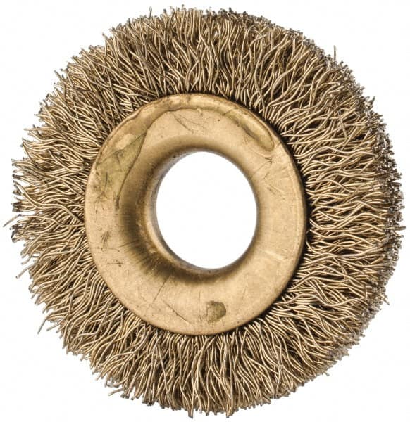 Value Collection - 1-1/4" OD, 3/8" Arbor Hole, Crimped Brass-Coated Steel Wheel Brush - 1/4" Face Width, 1/4" Trim Length, 0.007" Filament Diam, 20,000 RPM - Americas Industrial Supply