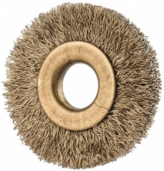 Value Collection - 1-3/8" OD, 3/8" Arbor Hole, Crimped Brass-Coated Steel Wheel Brush - 1/4" Face Width, 3/8" Trim Length, 0.007" Filament Diam, 20,000 RPM - Americas Industrial Supply