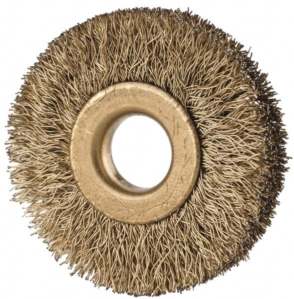 Value Collection - 1-1/2" OD, 3/8" Arbor Hole, Crimped Brass-Coated Steel Wheel Brush - 1/4" Face Width, 3/8" Trim Length, 0.007" Filament Diam, 20,000 RPM - Americas Industrial Supply