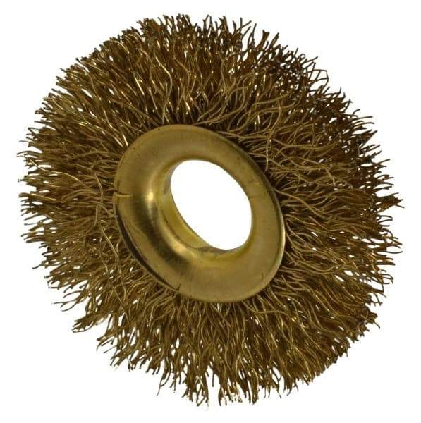 Value Collection - 2" OD, 1/2" Arbor Hole, Crimped Brass-Coated Steel Wheel Brush - 5/16" Face Width, 1/2" Trim Length, 0.012" Filament Diam, 15,000 RPM - Americas Industrial Supply