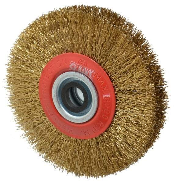 Value Collection - 5" OD, 3/4" Arbor Hole, Crimped Brass-Coated Steel Wheel Brush - 1" Face Width, 1-3/32" Trim Length, 0.014" Filament Diam, 6,000 RPM - Americas Industrial Supply