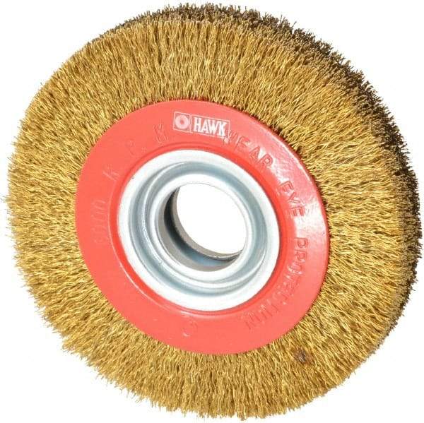 Value Collection - 6" OD, 1-1/4" Arbor Hole, Crimped Brass-Coated Steel Wheel Brush - 1" Face Width, 1-1/8" Trim Length, 0.014" Filament Diam, 6,000 RPM - Americas Industrial Supply