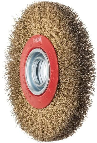 Value Collection - 7" OD, 1-1/4" Arbor Hole, Crimped Brass-Coated Steel Wheel Brush - 3/4" Face Width, 1-1/2" Trim Length, 0.014" Filament Diam, 6,000 RPM - Americas Industrial Supply