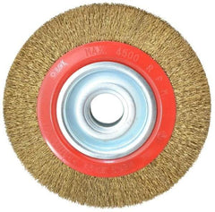 Value Collection - 8" OD, 1-1/4" Arbor Hole, Crimped Brass-Coated Steel Wheel Brush - 1" Face Width, 1-11/32" Trim Length, 0.014" Filament Diam, 4,500 RPM - Americas Industrial Supply