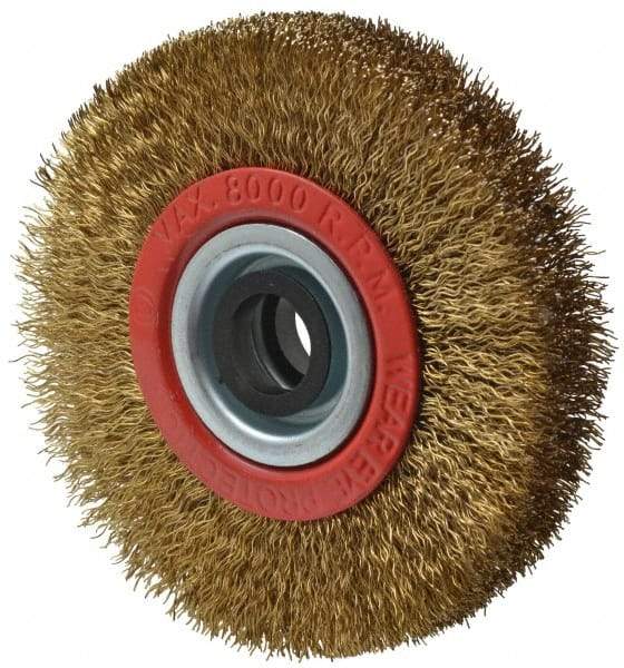 Value Collection - 4" OD, 3/4" Arbor Hole, Crimped Brass-Coated Steel Wheel Brush - 5/8" Face Width, 11/16" Trim Length, 0.012" Filament Diam, 8,000 RPM - Americas Industrial Supply