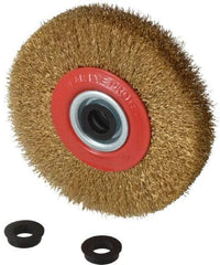 Value Collection - 5" OD, 3/4" Arbor Hole, Crimped Brass-Coated Steel Wheel Brush - 1" Face Width, 1-3/32" Trim Length, 0.012" Filament Diam, 6,000 RPM - Americas Industrial Supply