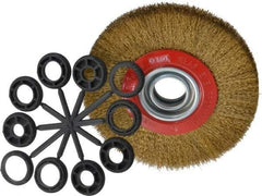 Value Collection - 7" OD, 1-1/4" Arbor Hole, Crimped Brass-Coated Steel Wheel Brush - 3/4" Face Width, 1-1/2" Trim Length, 0.012" Filament Diam, 6,000 RPM - Americas Industrial Supply