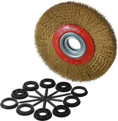 Value Collection - 7" OD, 1-1/4" Arbor Hole, Crimped Brass-Coated Steel Wheel Brush - 1" Face Width, 1-1/2" Trim Length, 0.012" Filament Diam, 6,000 RPM - Americas Industrial Supply