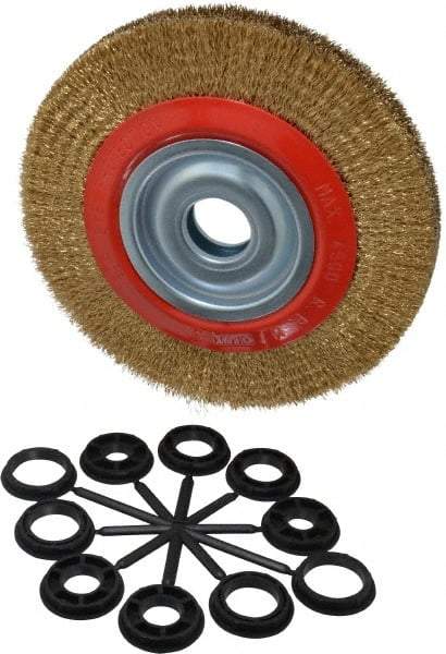 Value Collection - 8" OD, 1-1/4" Arbor Hole, Crimped Brass-Coated Steel Wheel Brush - 1" Face Width, 1-11/32" Trim Length, 0.012" Filament Diam, 4,500 RPM - Americas Industrial Supply