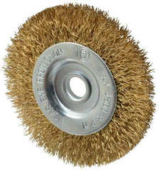 Value Collection - 3" OD, 3/8" Arbor Hole, Crimped Brass-Coated Steel Wheel Brush - 3/8" Face Width, 5/8" Trim Length, 0.012" Filament Diam, 4,500 RPM - Americas Industrial Supply