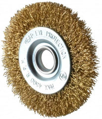 Value Collection - 3" OD, 1/2" Arbor Hole, Crimped Brass-Coated Steel Wheel Brush - 3/8" Face Width, 5/8" Trim Length, 0.012" Filament Diam, 4,500 RPM - Americas Industrial Supply