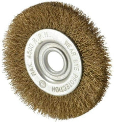 Value Collection - 3" OD, 1/2" Arbor Hole, Crimped Brass-Coated Steel Wheel Brush - 3/8" Face Width, 5/8" Trim Length, 0.007" Filament Diam, 4,500 RPM - Americas Industrial Supply