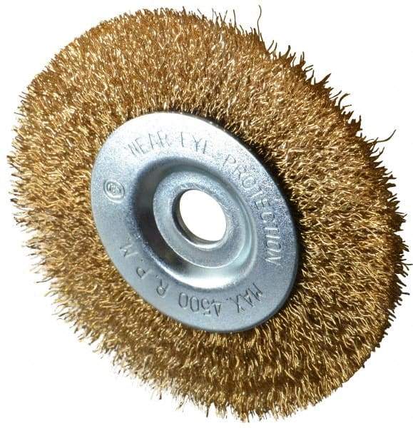 Value Collection - 4" OD, 1/2" Arbor Hole, Crimped Brass-Coated Steel Wheel Brush - 1/2" Face Width, 7/8" Trim Length, 0.012" Filament Diam, 4,500 RPM - Americas Industrial Supply