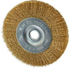 Value Collection - 4" OD, 1/2" Arbor Hole, Crimped Brass-Coated Steel Wheel Brush - 1/2" Face Width, 7/8" Trim Length, 0.007" Filament Diam, 4,500 RPM - Americas Industrial Supply