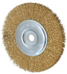 Value Collection - 5" OD, 5/8" Arbor Hole, Crimped Brass-Coated Steel Wheel Brush - 1/2" Face Width, 3/4" Trim Length, 0.012" Filament Diam, 3,750 RPM - Americas Industrial Supply