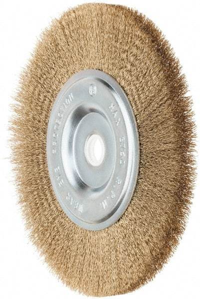 Value Collection - 6" OD, 5/8" Arbor Hole, Crimped Brass-Coated Steel Wheel Brush - 1/2" Face Width, 1-3/8" Trim Length, 0.012" Filament Diam, 3,750 RPM - Americas Industrial Supply