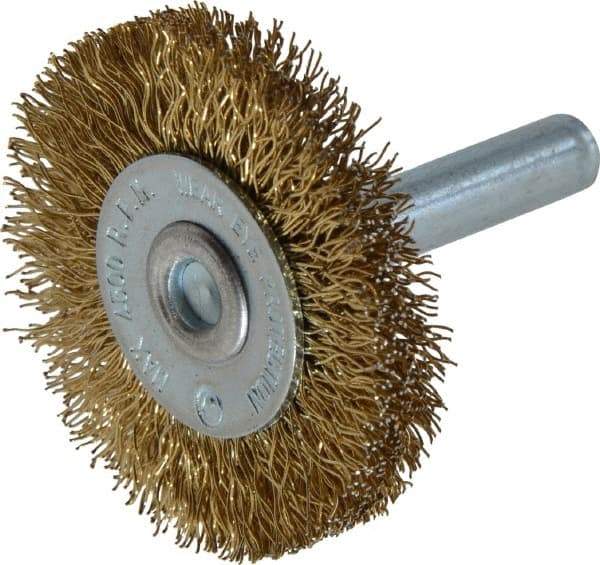 Value Collection - 1-5/8" OD, 1/4" Shank Diam, Crimped Brass-Coated Steel Wheel Brush - 3/16" Face Width, 3/8" Trim Length, 0.015" Filament Diam, 4,500 RPM - Americas Industrial Supply