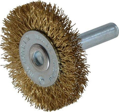 Value Collection - 1-5/8" OD, 1/4" Shank Diam, Crimped Brass-Coated Steel Wheel Brush - 3/16" Face Width, 3/8" Trim Length, 0.015" Filament Diam, 4,500 RPM - Americas Industrial Supply