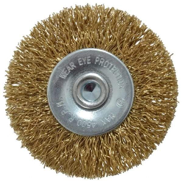 Value Collection - 2" OD, 1/4" Shank Diam, Crimped Brass-Coated Steel Wheel Brush - 9/32" Face Width, 3/8" Trim Length, 0.015" Filament Diam, 4,500 RPM - Americas Industrial Supply