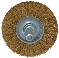 Value Collection - 2" OD, 1/4" Shank Diam, Crimped Brass-Coated Steel Wheel Brush - 9/32" Face Width, 3/8" Trim Length, 0.008" Filament Diam, 4,500 RPM - Americas Industrial Supply