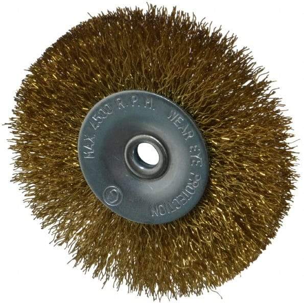 Value Collection - 2-1/2" OD, 1/4" Shank Diam, Crimped Brass-Coated Steel Wheel Brush - 11/32" Face Width, 1/2" Trim Length, 0.008" Filament Diam, 4,500 RPM - Americas Industrial Supply