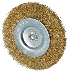 Value Collection - 3" OD, 1/4" Shank Diam, Crimped Brass-Coated Steel Wheel Brush - 3/8" Face Width, 5/8" Trim Length, 0.015" Filament Diam, 4,500 RPM - Americas Industrial Supply