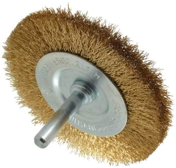 Value Collection - 3" OD, 1/4" Shank Diam, Crimped Brass-Coated Steel Wheel Brush - 3/8" Face Width, 5/8" Trim Length, 0.008" Filament Diam, 4,500 RPM - Americas Industrial Supply