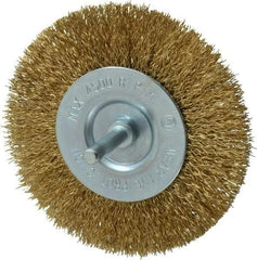 Value Collection - 4" OD, 1/4" Shank Diam, Crimped Brass-Coated Steel Wheel Brush - 15/32" Face Width, 7/8" Trim Length, 0.015" Filament Diam, 4,500 RPM - Americas Industrial Supply