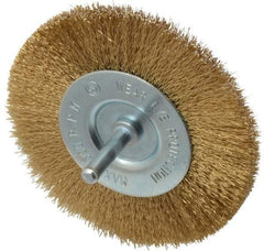 Value Collection - 4" OD, 1/4" Shank Diam, Crimped Brass-Coated Steel Wheel Brush - 15/32" Face Width, 7/8" Trim Length, 0.008" Filament Diam, 4,500 RPM - Americas Industrial Supply