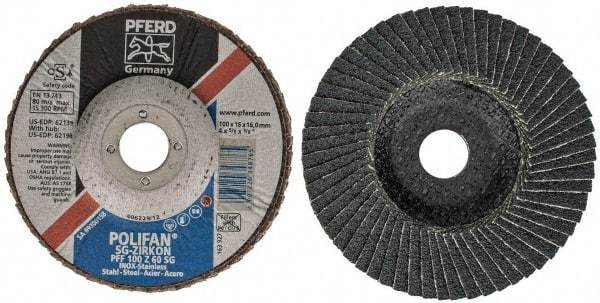 PFERD - 60 Grit, 4" Disc Diam, 5/8" Center Hole, Type 27 Zirconia Alumina Flap Disc - 15,300 Max RPM, Fiberglass Backing, Arbor Attaching System, Coated - Americas Industrial Supply