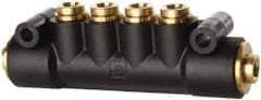 Parker - 1/4" Inlet, 1/4" Outlet Manifold - 3.98" Long x 0.9" Wide 0.21" Mount Hole, 200°F Max, 150 Max PSI, 2 Inlet Ports, 4 Outlet Ports - Americas Industrial Supply