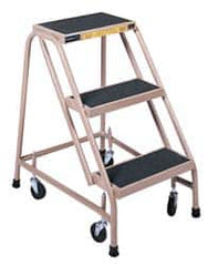 Gillis - 30" 3 Step Ladder - Rolling Steel Office Ladder, 300 Lb Capacity, 30" Platform Height, 24" Base Width x 27" Depth, Rubber Matted - Americas Industrial Supply