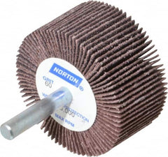 Norton - 2" Diam x 1" Face Width, Medium Aluminum Oxide Coated Mounted Flap Wheel - 1/4" Shank Mount, 60 Grit, Cloth Backing, 23,000 Max RPM - Americas Industrial Supply