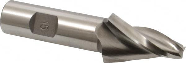 Made in USA - 15° Taper Angle per Side, 5/16" Small End Diam, 1-1/2" LOC, High Speed Steel 3 Flute Tapered Square End Mill - 3-3/4" OAL, 3/4" Shank Diam, Spiral Flute - Americas Industrial Supply