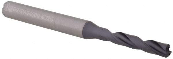 Kennametal - 4.0005mm 140° Spiral Flute Solid Carbide Screw Machine Drill Bit - Multilayer TiAlN Finish, Right Hand Cut, 24mm Flute Length, 66mm OAL, Standard Point, Straight Shank, Through Coolant - Americas Industrial Supply