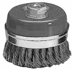 Value Collection - 4-3/8" Diam, M16x2.00 Threaded Arbor, Steel Fill Cup Brush - 0.0137 Wire Diam, 6,500 Max RPM - Americas Industrial Supply