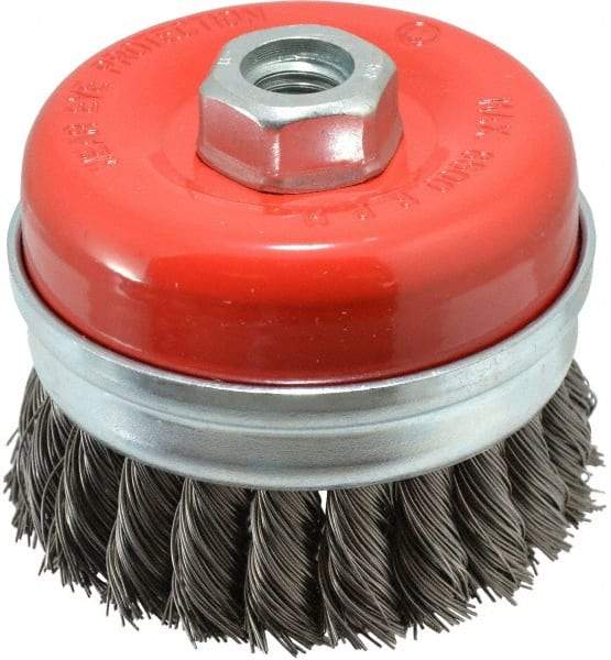 Value Collection - 3-3/16" Diam, 5/8-11 Threaded Arbor, Steel Fill Cup Brush - 0.02 Wire Diam, 8,500 Max RPM - Americas Industrial Supply