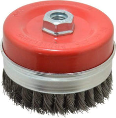 Value Collection - 4-3/8" Diam, 5/8-11 Threaded Arbor, Steel Fill Cup Brush - 0.02 Wire Diam, 6,500 Max RPM - Americas Industrial Supply