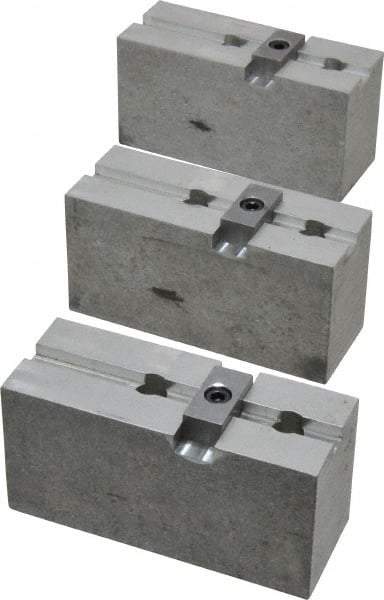 Abbott Workholding Products - 8" & Up Chuck Capacity, Tongue & Groove Attachment, Square Soft Lathe Chuck Jaw - 3 Jaws, Aluminum, 1-3/4" Btw Mount Hole Ctrs, 4" Long x 1-1/2" Wide x 2" High, 5/16" Groove, 3/8" Fastener - Americas Industrial Supply