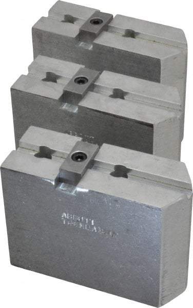 Abbott Workholding Products - 8" & Up Chuck Capacity, Tongue & Groove Attachment, Square Soft Lathe Chuck Jaw - 3 Jaws, Aluminum, 1-3/4" Btw Mount Hole Ctrs, 4" Long x 1-1/2" Wide x 3" High, 5/16" Groove, 3/8" Fastener - Americas Industrial Supply