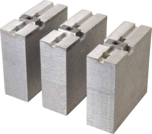 Abbott Workholding Products - 8" & Up Chuck Capacity, Tongue & Groove Attachment, Square Soft Lathe Chuck Jaw - 3 Jaws, Aluminum, 1-3/4" Btw Mount Hole Ctrs, 4" Long x 1-1/2" Wide x 4" High, 5/16" Groove, 3/8" Fastener - Americas Industrial Supply