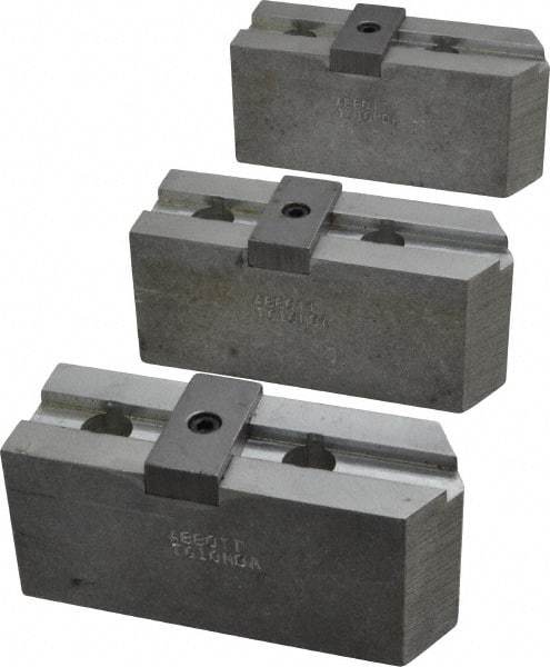 Abbott Workholding Products - 10" & Up Chuck Capacity, Tongue & Groove Attachment, Square Soft Lathe Chuck Jaw - 3 Jaws, Aluminum, 2-1/8" Btw Mount Hole Ctrs, 4-1/2" Long x 1-1/2" Wide x 2" High, 1/2" Groove, 1/2" Fastener - Americas Industrial Supply