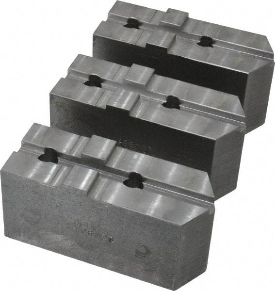 Abbott Workholding Products - 8" & Up Chuck Capacity, Tongue & Groove Attachment, Square Soft Lathe Chuck Jaw - 3 Jaws, Steel, 1-3/4" Btw Mount Hole Ctrs, 4" Long x 1-1/2" Wide x 2" High, 5/16" Groove, 1/2" Fastener - Americas Industrial Supply