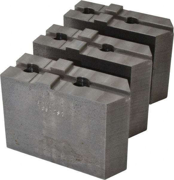 Abbott Workholding Products - 8" & Up Chuck Capacity, Tongue & Groove Attachment, Square Soft Lathe Chuck Jaw - 3 Jaws, Steel, 1-3/4" Btw Mount Hole Ctrs, 4" Long x 1-1/2" Wide x 3" High, 5/16" Groove, 1/2" Fastener - Americas Industrial Supply