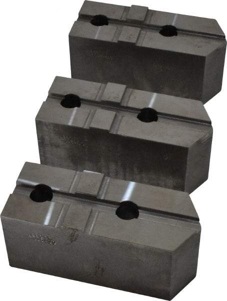 Abbott Workholding Products - 15 to 18" Chuck Capacity, Tongue & Groove Attachment, Square Soft Lathe Chuck Jaw - 3 Jaws, Steel, 3" Btw Mount Hole Ctrs, 6-1/2" Long x 2-1/2" Wide x 3" High, 1/2" Groove, 3/4" Fastener - Americas Industrial Supply