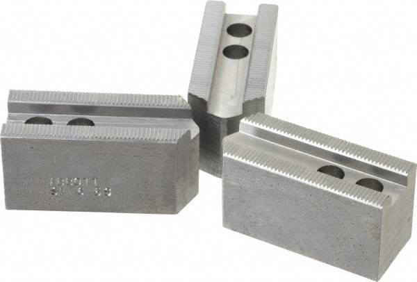 Abbott Workholding Products - 6-1/2" Chuck Capacity, 1/16" x 90 Serrated Attachment, Square Soft Lathe Chuck Jaw - 3 Jaws, Steel, 0.65" Btw Mount Hole Ctrs, 3" Long x 1-1/4" Wide x 1-1/2" High, 0.551" Groove, 0.3937" & 10mm Fastener - Americas Industrial Supply